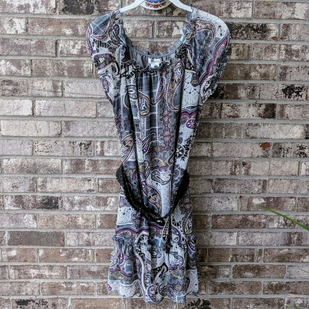 PAISLEY OFF THE SHOULDER KNEE LENGTH RUFFLE DRESS